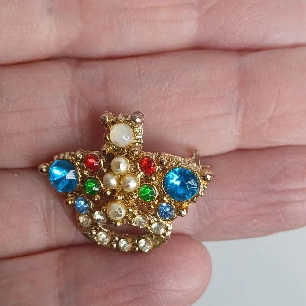 Vintage Rhinestone Crown Brooch Flowers Jewels Sparkling Regency 1 x 1.5